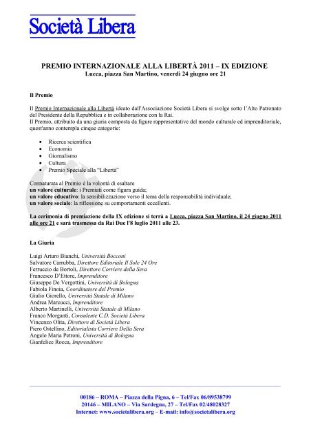 premio internazionale alla libertà 2011 – ix edizione - Informazione.it