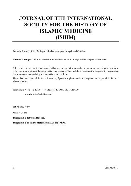 Journal - International Society for the History of Islamic Medicine