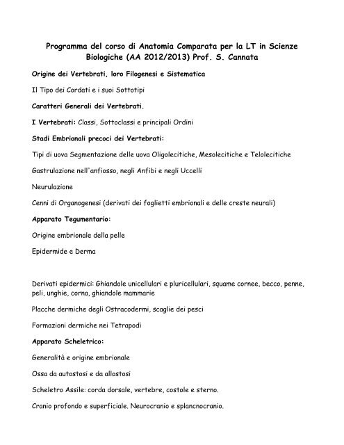 Programma del corso di Anatomia Comparata per la LT in Scienze ...