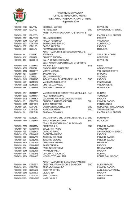 PROVINCIA DI PADOVA UFFICIO TRASPORTO MERCI ALBO ...