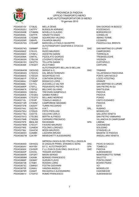 PROVINCIA DI PADOVA UFFICIO TRASPORTO MERCI ALBO ...