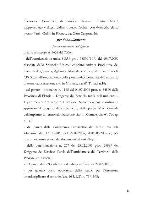 sentenza tar su ricorsi contro gli atti autorizzativi - Provincia di Pistoia