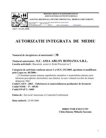 autorizatie integrata de mediu - Agentia Nationala pentru Protectia ...