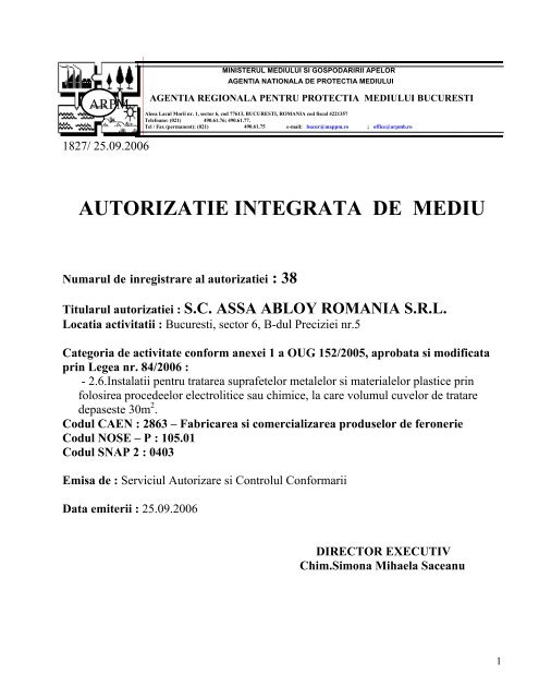 autorizatie integrata de mediu - Agentia Nationala pentru Protectia ...