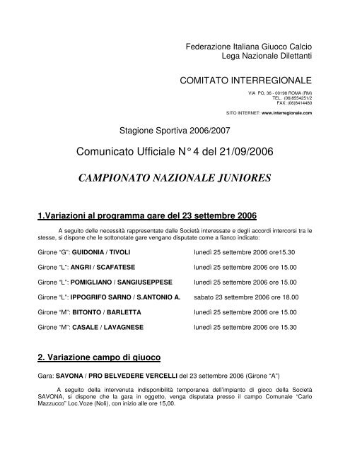 Comunicato Ufficiale n. 004 del 21/09/2006