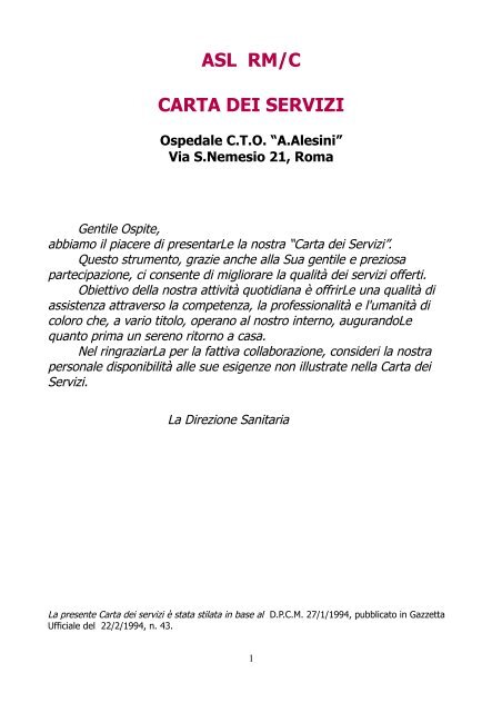 Asl Rmc Carta Dei Servizi Asl Roma C