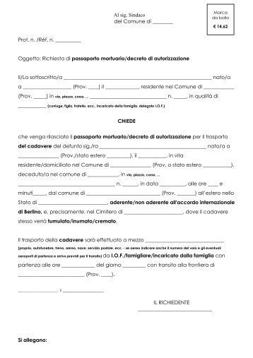 Richiesta di passaporto mortuario - Comune di Lecce