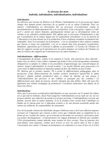 Le dessous des mots Individu, individuation, individualisation, individualisme