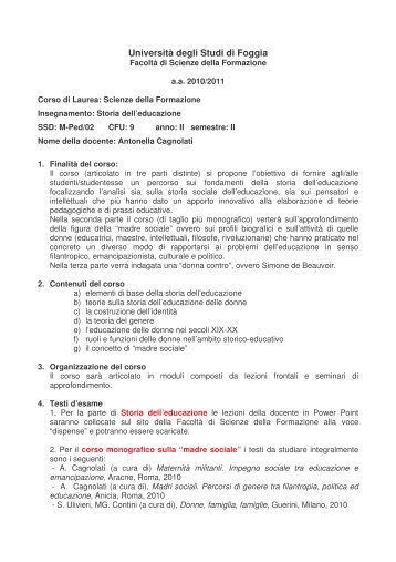 Storia dell'educazione - Facoltà di Scienze della Formazione ...