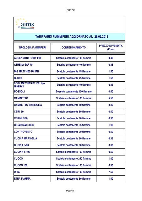 SITO WEB - Tariffario fiammiferi (Aggiornato al 29-05-2013) - Aams