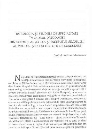 Patrologia și studiile de specialitate în cadrul Ortodoxiei din sec. al ...