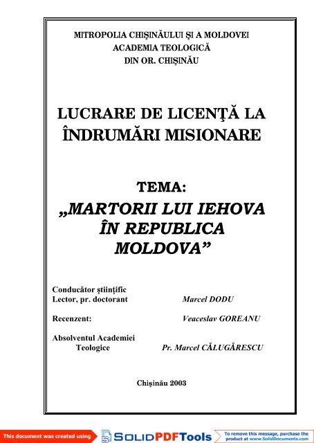 „MARTORII LUI IEHOVA ÎN REPUBLICA MOLDOVA” - Ortodoxia.md