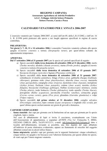 Calendario venatorio 2006/07 - Tutela Fauna