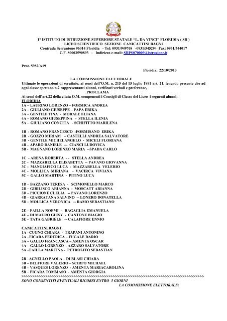 Questi gli esiti - liceo scientifico da vinci floridia