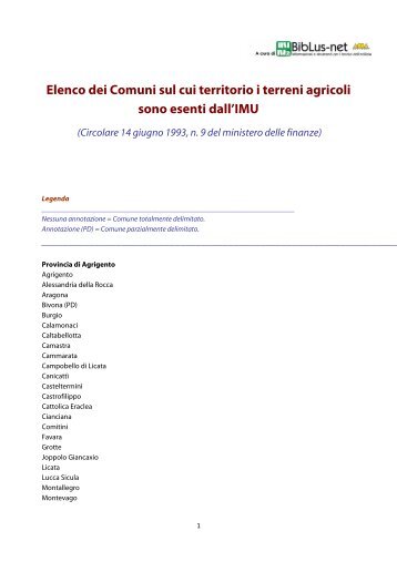 Elenco dei Comuni sul cui territorio i terreni agricoli sono esenti dall ...