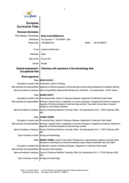 Europass Curriculum Vitae - Istituto Zooprofilattico Sperimentale dell ...