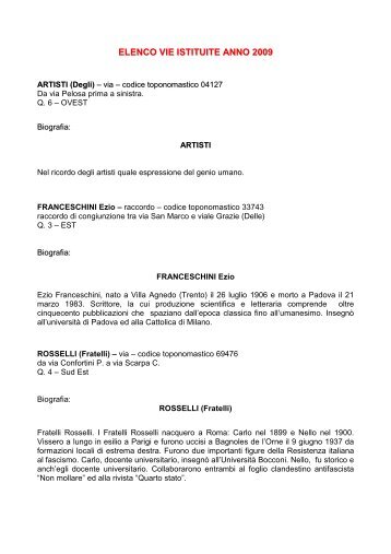 elenco delle vie istituite dal 2009 al 2013 - Comune di Padova