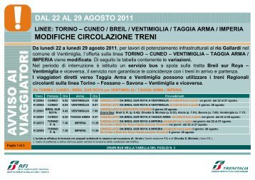 modifiche circolazione treni dal 22 al 29 agosto 2011 - Trenitalia