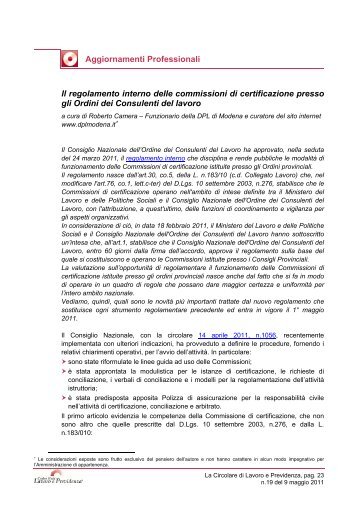 Il regolamento interno delle commissioni di ... - DPL Modena