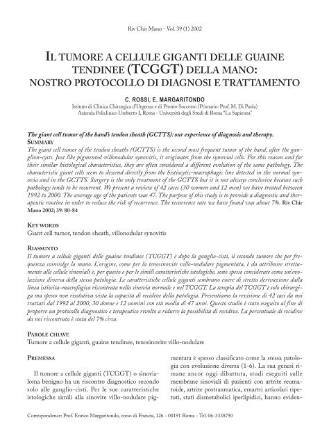 il tumore a cellule giganti delle guaine tendinee (tcggt) - BackOffice ...