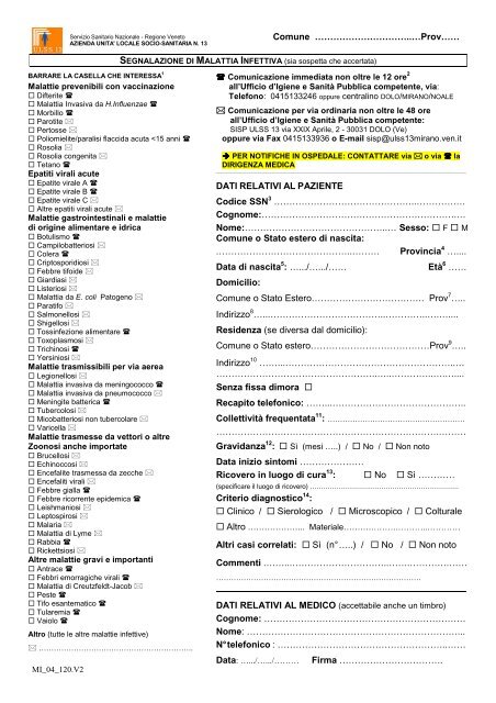 MI_04_120 Scheda notifica Malattia Infettiva - ULSS 13