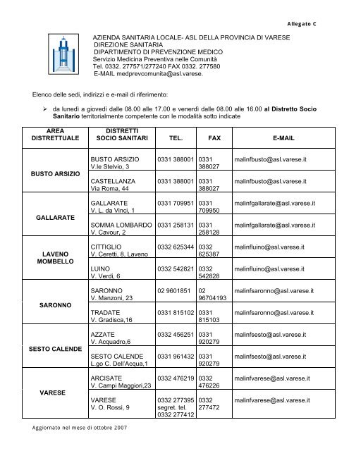 SCHEDA DI SEGNALAZIONE DI MALATTIA INFETTIVA - ASL Varese