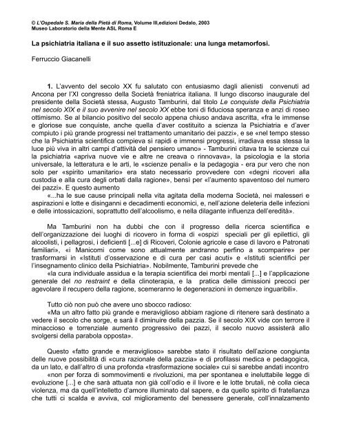 La Psichiatria Italiana E Il Suo Assetto Istituzionale