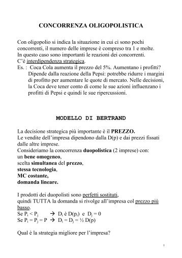 CONCORRENZA OLIGOPOLISTICA MODELLO DI BERTRAND