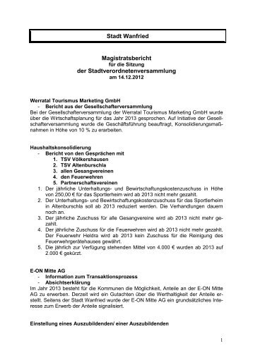 Magistratsbericht der Stadtverordnetenversammlung Stadt Wanfried