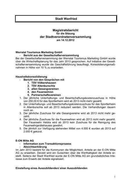 Magistratsbericht der Stadtverordnetenversammlung Stadt Wanfried