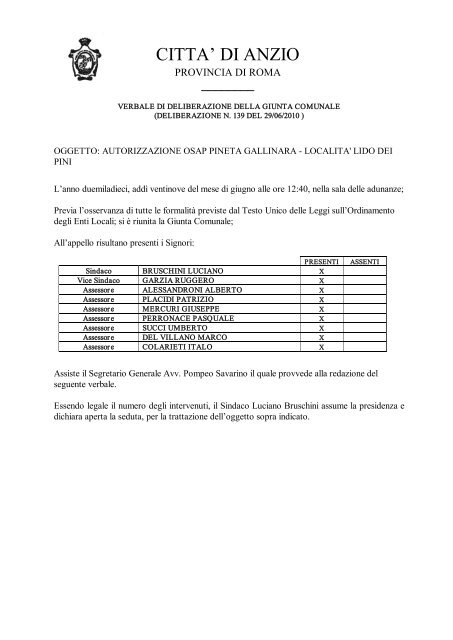 autorizzazione osap pineta gallinara localita' lido ... - Comune di Anzio