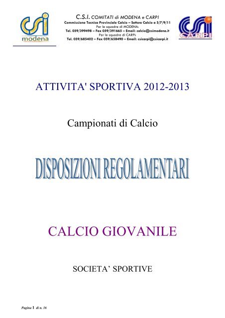 Regolamento di Campionato Calcio Giovanile CSI ... - CSI Modena