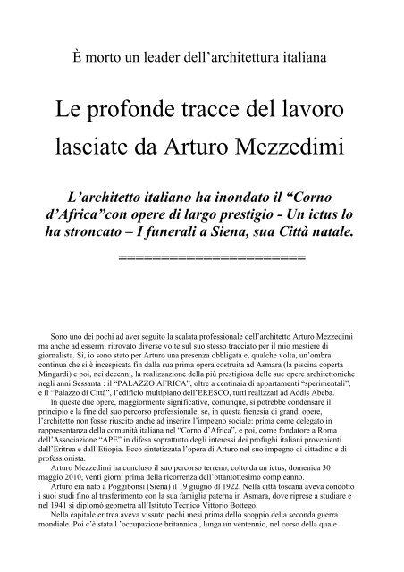 morto un leader dell'architettura italiana, Enrico ... - Il corno d'Africa