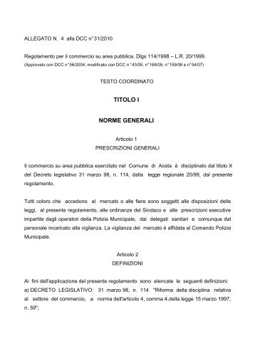 Regolamento Commercio su area pubblica - Comune di Aosta