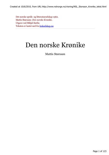 Den norske Krønike. Utgave ved Mikjel Sørlie. - Bokselskap.no