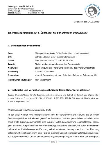 Kurzinformationen - Homepage der Weidigschule Butzbach