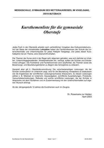 Kursthemenliste für die gymnasiale Oberstufe - der Weidigschule ...