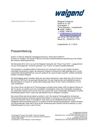 Pressemitteilung - Weigand Transporte und Tanklogistik