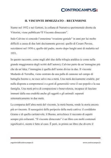 Il visconte dimezzato - Calvino - Recensione - Appunti - Controcampus