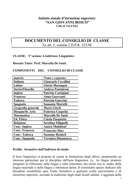 documento del consiglio di classe - Istituto &quot;San Giovanni Bosco&quot;