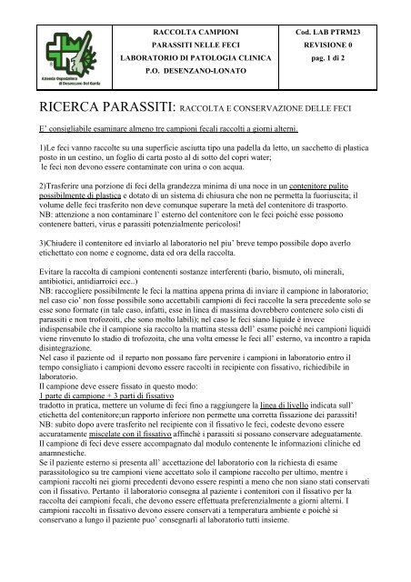 RICERCA PARASSITI: RACCOLTA E CONSERVAZIONE DELLE FECI