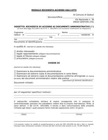 1 MODULO RICHIESTA DI ACCESSO AGLI ATTI AMMINISTRATIVI ...