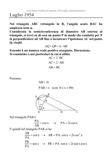 Carlo Sintini, Maturità scientifica Luglio 1954, Prova di matematica