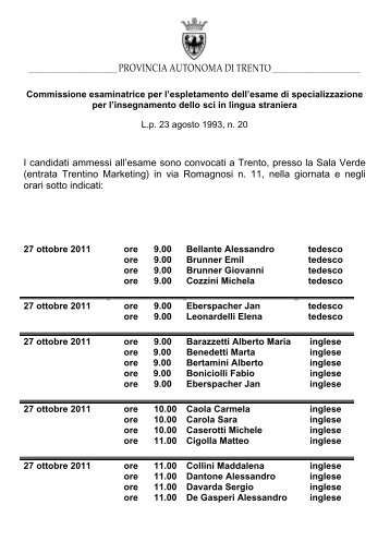 I candidati ammessi all'esame sono convocati a Trento, presso la ...