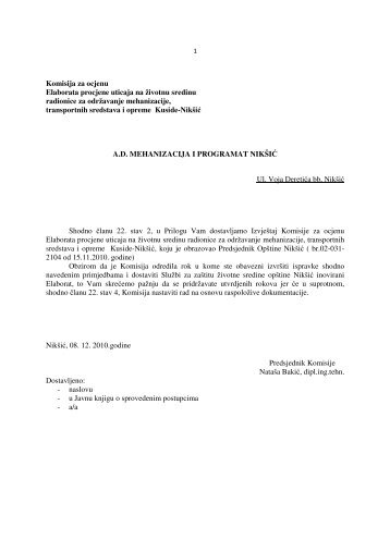 Komisija za ocjenu Elaborata procjene uticaja na životnu sredinu ...