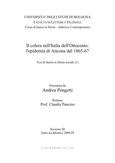 Il colera nell'Italia dell'Ottocento - LibriSenzaCarta