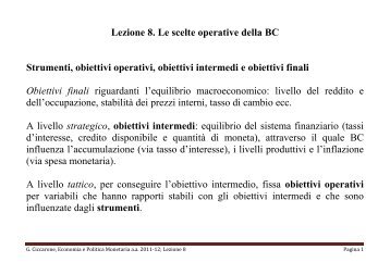 Monetaria 1 Lezione 8 - dipartimento di economia e diritto