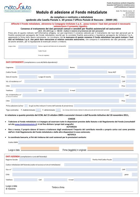 Modulo di adesione al Fondo mètaSalute - Metasalute