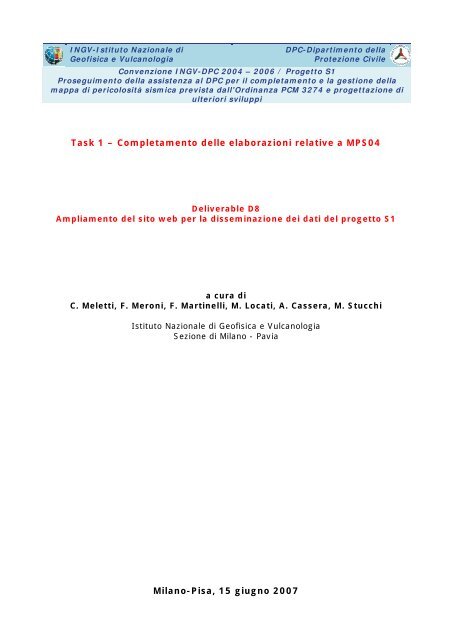 Progetto S1 Ingv Dpc Deliverable D8 Dati Online Della