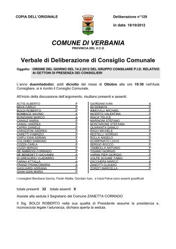 129 - ordine del giorno del 14.2.2012 del - Comune di Verbania